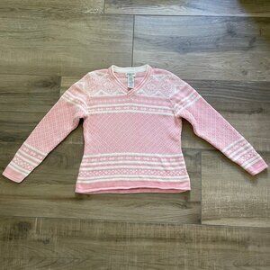 St. Johns Bay Sweater Womens Medium Petite Pink Fair Isle beaded Angora Pullover